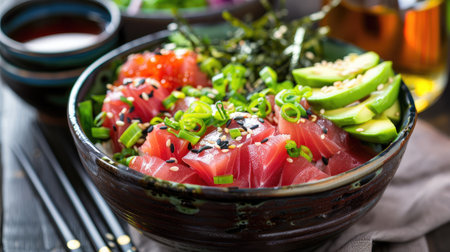 Exotic poke bowl with fresh tuna, avocado, and seaweed salad, served with a glass of sakeの素材
