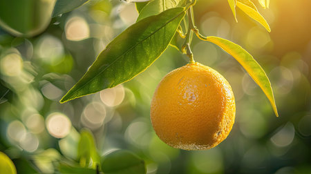 Close-up of a single ripe orange on a branch in an orchardの素材