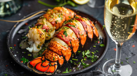 Gourmet lobster tail with garlic butter, served with a glass of champagneの素材