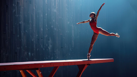 Gymnast performing a routine on the balance beam with precisionの素材