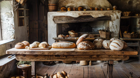 A rustic kitchen with a wooden table covered in a variety of bread loaves and rolls.の素材