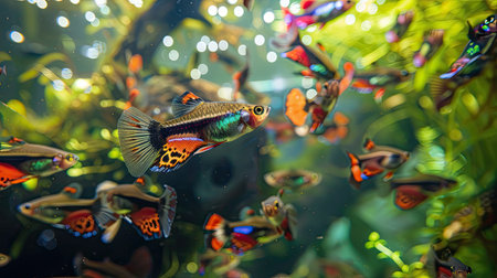 A school of colorful guppies swimming in a lush planted aquarium.の素材