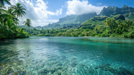 A serene tropical lagoon with crystal clear water and lush greenery surrounding it.の素材