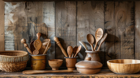 A rustic kitchen scene with wooden utensils such as spoons and rolling pins displayed on a wooden table.の素材