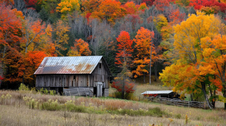 A picturesque fall landscape with a rustic barn surrounded by colorful trees.の素材