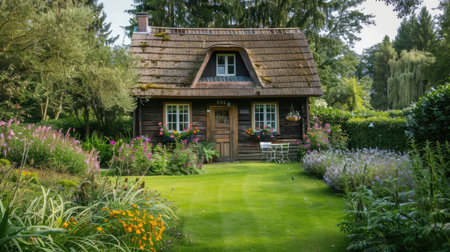 A rustic garden house with wooden beams and a thatched roof, situated in a beautifully manicured garden.の素材