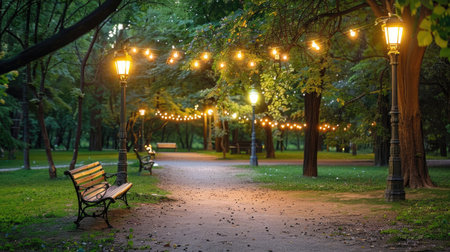 A serene park with decorative lights.の素材