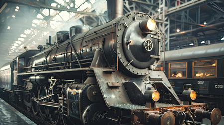 Historic steam locomotive on display at a railway museumの素材