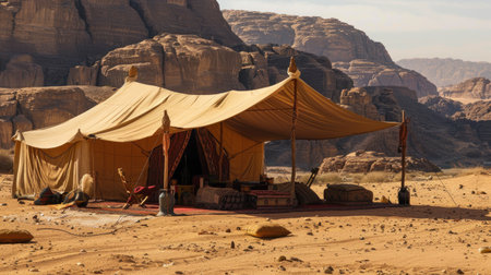 A traditional Bedouin tent set up in the middle of the desert.の素材