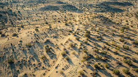 Aerial view of a desert with scattered vegetation and winding trails.の素材