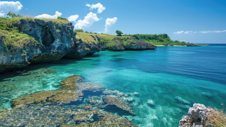 A secluded lagoon with rocky outcrops and crystal clear water, perfect for snorkeling.の素材