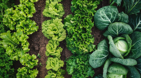 A vegetable plot with vibrant rows of leafy greens, including lettuce and arugula.の素材