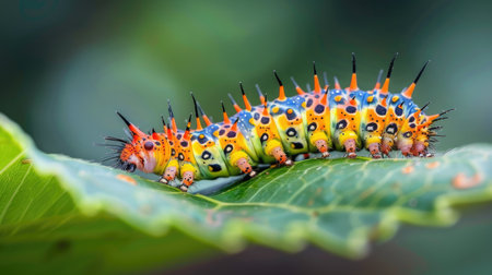 A vibrant caterpillar on a green leaf, preparing for metamorphosis.の素材