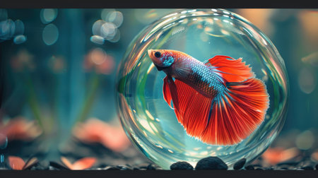A stunning betta fish swimming in a crystal-clear glass bowl.の素材