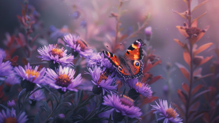 A small tortoiseshell butterfly resting on a cluster of purple asters in full bloom.の素材