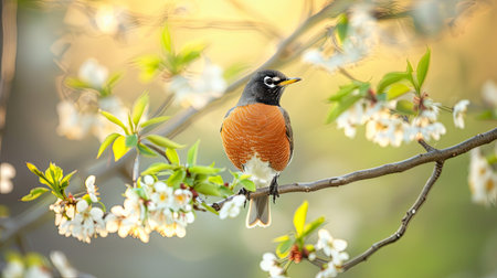 A robin sitting on a blooming tree branch, signaling the arrival of spring.の素材