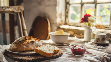 A rustic breakfast setting with freshly baked bread, butter, and homemade jam.の素材