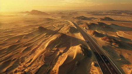 Aerial view of a desert highway cutting through the endless sands.の素材