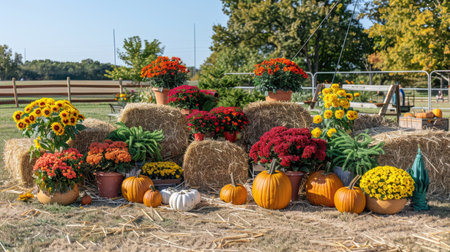 A harvest festival scene with hay bales, pumpkins, and colorful mums.の素材