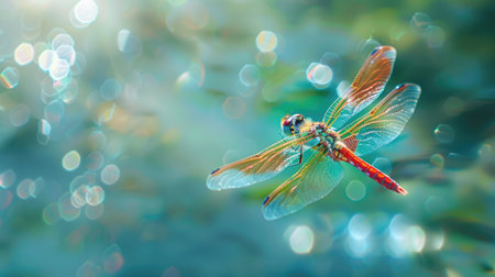 A vibrant dragonfly hovering above a calm pond, its wings shimmering in the sunlight.の素材