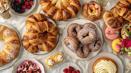 A table set with a variety of breakfast pastries, including croissants, danishes, and muffins.の素材