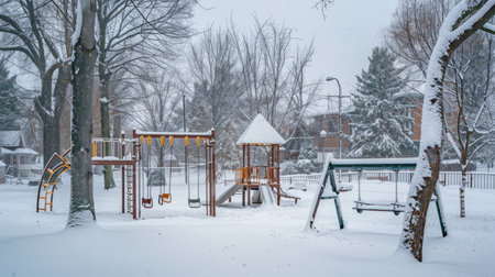 A snow-covered playground with swings and slides, quiet and still.の素材