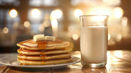 A glass of milk next to a stack of pancakes with syrup and butter.の素材