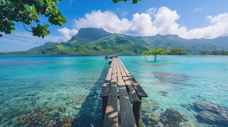 A small wooden pier extending into a lagoon with a mountain backdrop and clear skies.の素材