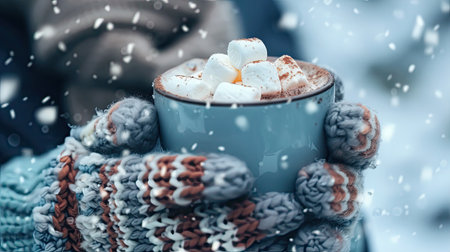 A hot cup of cocoa with marshmallows, held by someone wearing mittens, against a snowy background.の素材