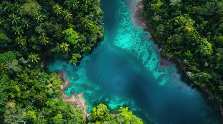 Aerial view of a hidden lagoon nestled in a dense rainforest, showing the vibrant blue water.の素材