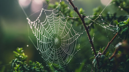 A close-up of a dew-covered spider web in a spring garden.の素材