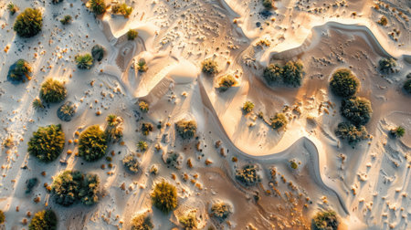 Aerial view of a desert with winding sand dunes and sparse vegetation.の素材