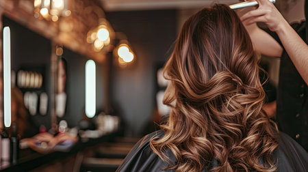 A hairstylist applying balayage highlights to a client's long hair in a trendy salon.の素材