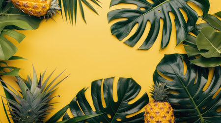 A sunny yellow background with tropical leaves and a pineapple, evoking a summer and vacation vibe.の素材