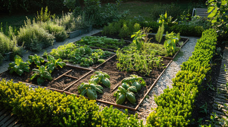 A vegetable plot with a variety of herbs, including basil, thyme, and rosemary, growing in small sections.の素材