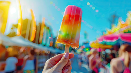A hand holding a colorful ice cream popsicle with a background of a summer festival.の素材