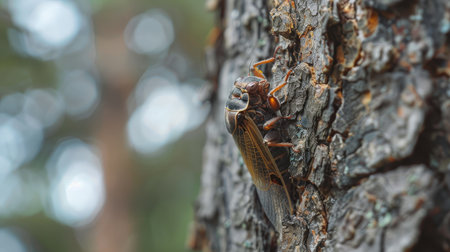 A close-up of a cicada clinging to tree bark during the summer.の素材