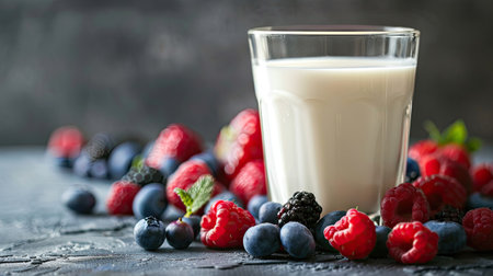 A glass of milk next to a pile of fresh berries, ready to be eaten.の素材