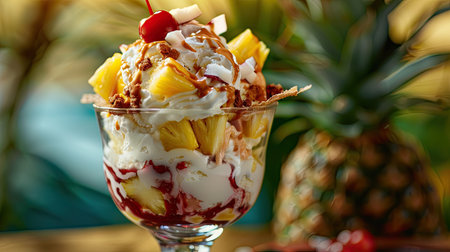 A tropical ice cream sundae with coconut, pineapple, and mango flavors, topped with a cherry.の素材
