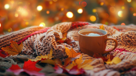 A cozy fall scene with a cup of hot cider, a warm blanket, and colorful leaves.の素材
