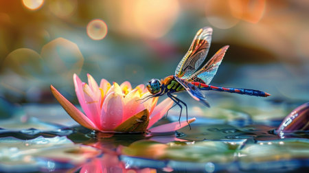 A colorful dragonfly sitting on a lily pad in a serene pond.の素材