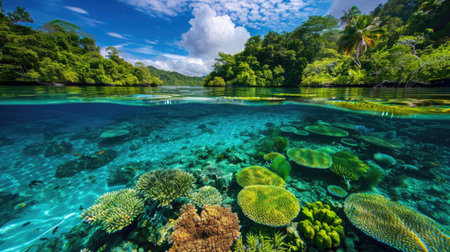A lagoon with a vibrant coral reef visible beneath the surface, teeming with marine life.の素材