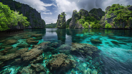 A lagoon surrounded by dramatic cliffs and lush vegetation, with crystal clear water.の素材
