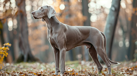 A striking Weimaraner with a sleek silver coat, standing alert in a forest.の素材