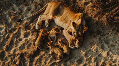 Top view of a lioness playing with her cubs, gently batting them with her paws on a sandy groundの素材