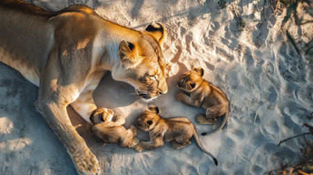 Top view of a lioness playing with her cubs, gently batting them with her paws on a sandy groundの素材