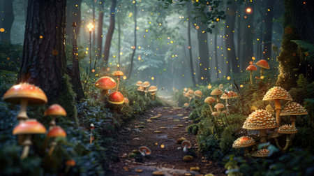 A serene forest path lined with various types of mushrooms, creating a magical atmosphere.の素材