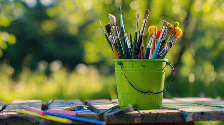 A grass green bucket packed with art supplies--paints, brushes, and pencils--sits on an outdoor table, ready for a creative session in nature.の素材
