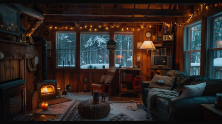 A cozy cabin with warm lights.の素材