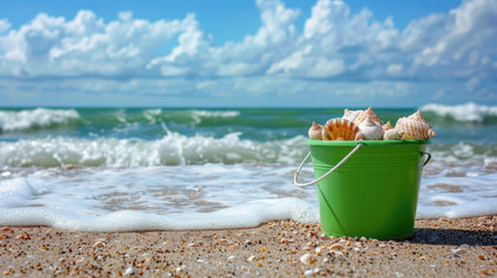 A grass green bucket overflowing with seashells is placed on the sandy beach, with the ocean waves gently crashing in the background.の素材